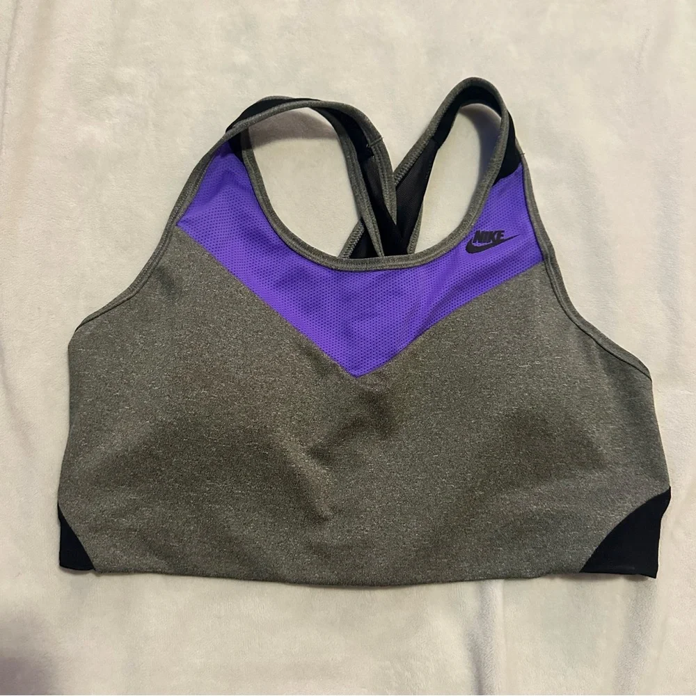 Nike Pro Dri-Fit Colorblock Training Sports Bra Purple Gray L